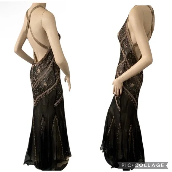 Vintage Cache Silk Beaded Open Back Formal Y2K Gown Dress Black 90s Size 2 - Picture 6 of 16